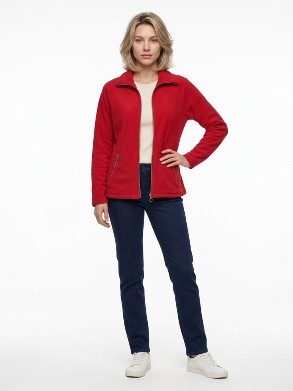 Christopher & Banks Red Full-Zip Bomber-Style Fleece Jacket Women’s Sz S